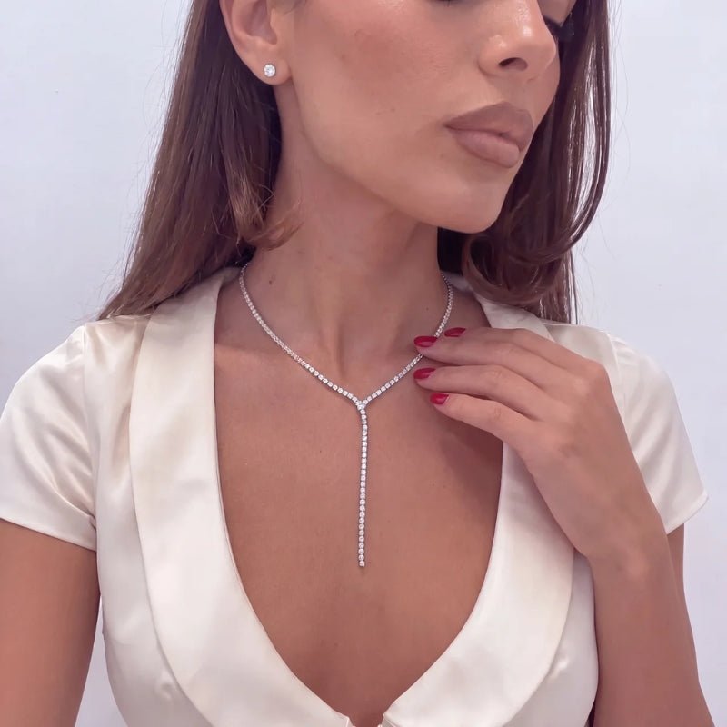 Gold Lariat Necklace - Tennis Diamond Drop