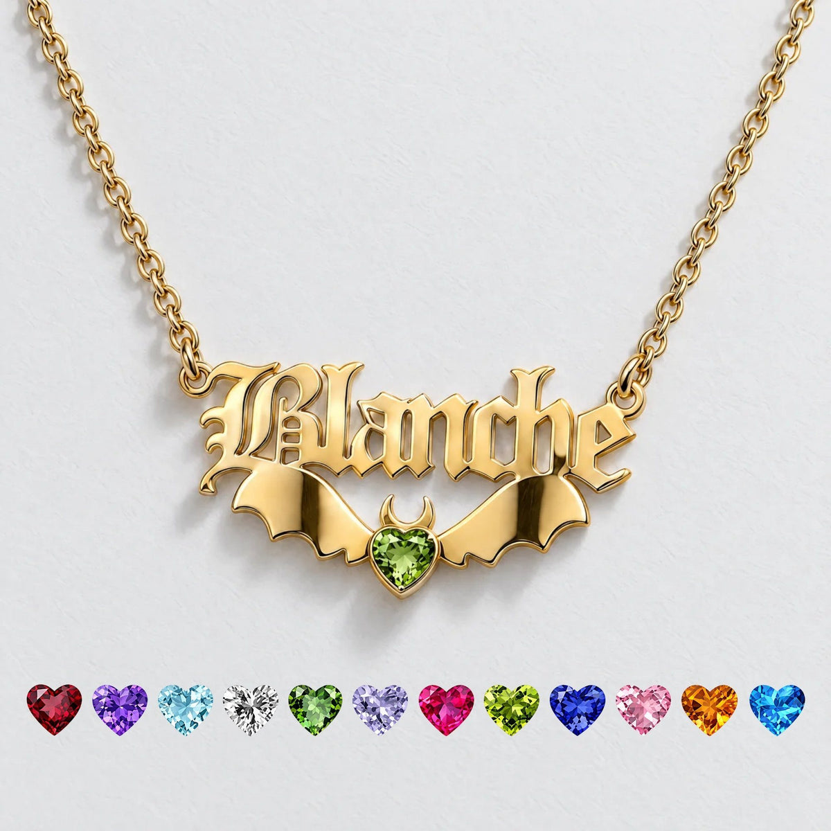 Gothic Nameplate Custom Birthstone Necklace - Gold | Moonela