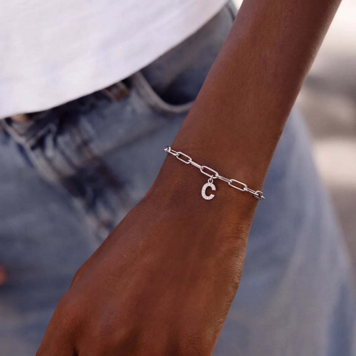 Pavé Initial Paperclip Custom Bracelet | Moonela