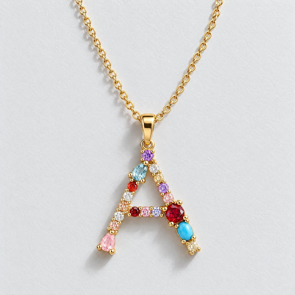 Rainbow Gemstone Initial Custom Necklace - Gold | Moonela