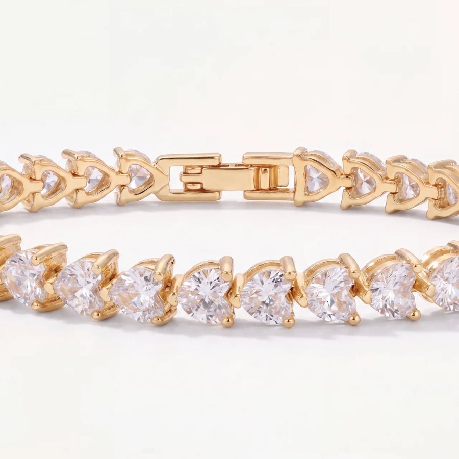 Heart cut tennis bracelet close-up, heart CZ in three-prong setting